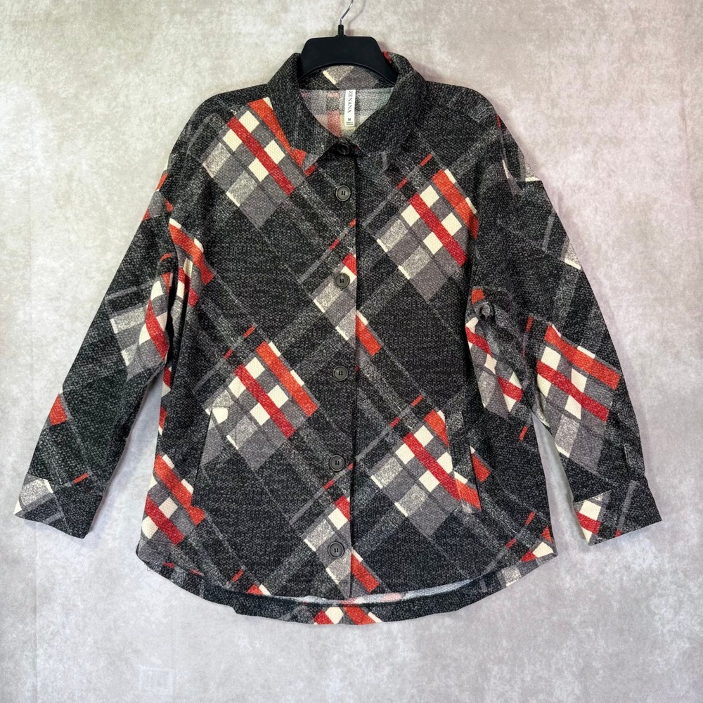 Zenana Shirt Jacket Women Medium Charcoal Red Plaid Knit Shacket Cabincore Fall